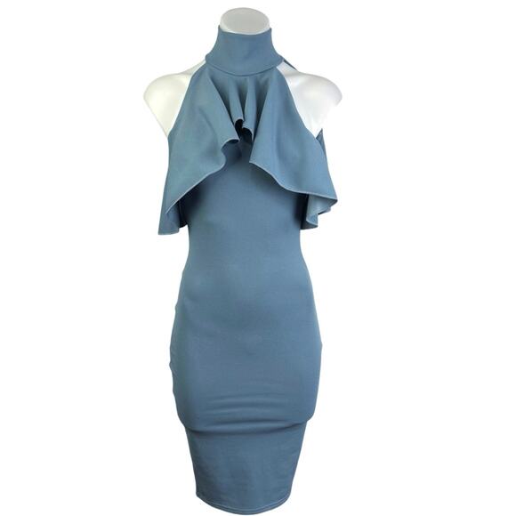 Missguided Blue Sleeveless Halter Mock Neck Ruffle Midi Bodycon Tank Dress Sz S - Picture 1 of 6